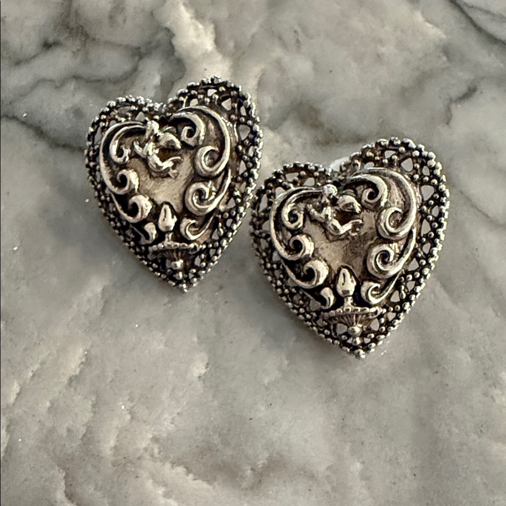 Andrea Barnett Sterling Silver Heart Shaped Cupid Pierced Earrings